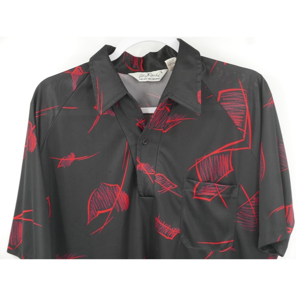 Vintage Lilly Dache Black Red Geometric AOP Pullover Polo Shirt Men's Large